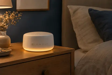 Machine à bruit blanc blanche avec veilleuse posée sur une table de chevet dans une chambre tamisée.