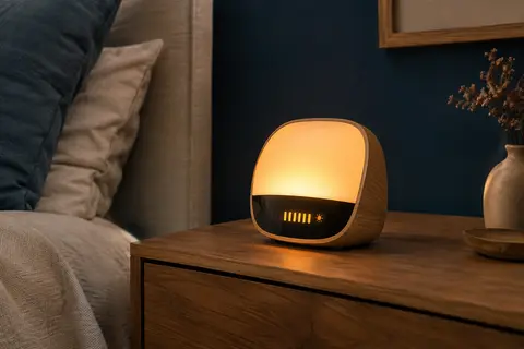 Réveil simulateur d’aube Reteyung avec tube lumineux et affichage posé sur une table de chevet.