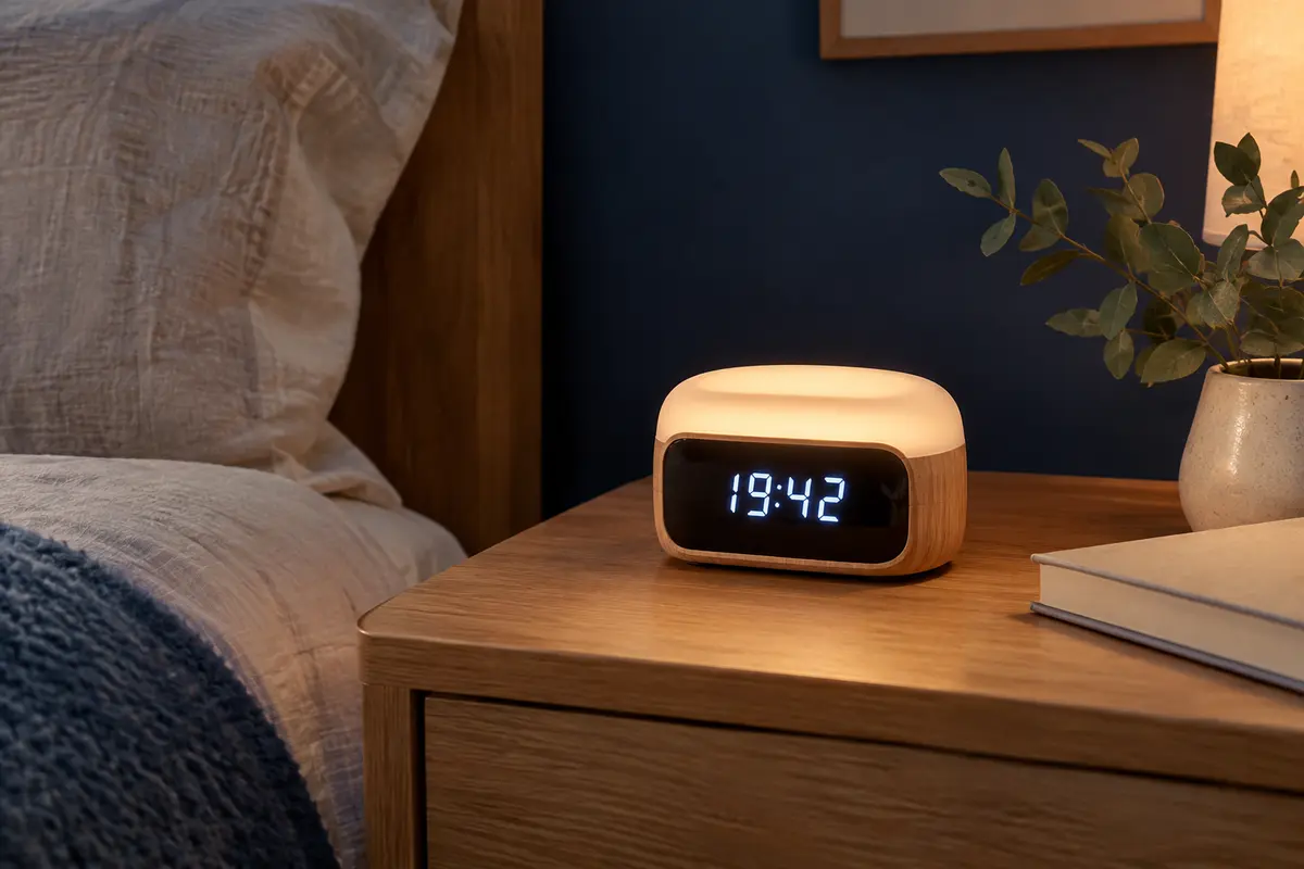 Réveil de chevet effet bois avec écran LED et veilleuse colorée dans une chambre tamisée.