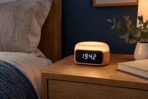 Réveil de chevet effet bois avec écran LED et veilleuse colorée dans une chambre tamisée.
