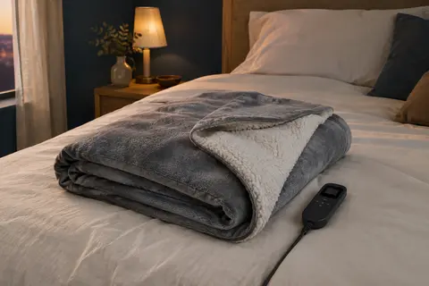 Plaid chauffant gris en polaire flanelle et intérieur effet teddy posé sur un lit dans une chambre tamisée