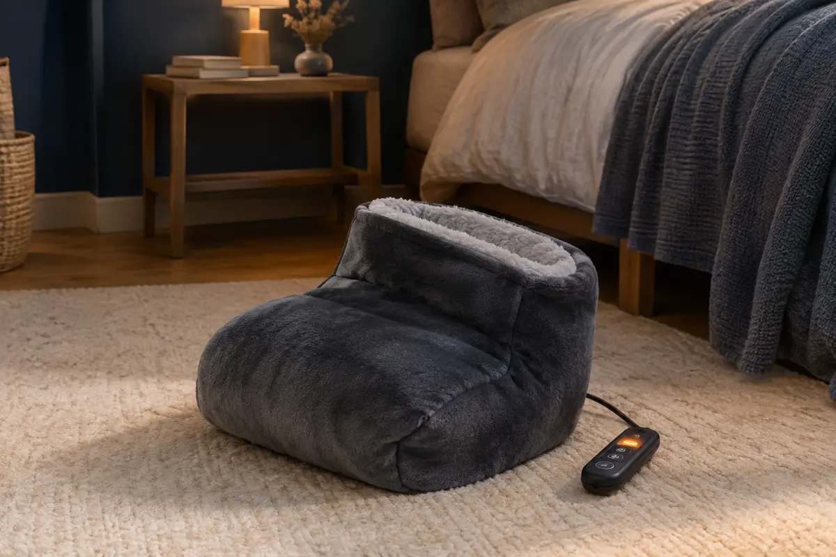 Chauffe-pieds électrique en peluche anthracite avec sa télécommande, posé dans une chambre douce et tamisée