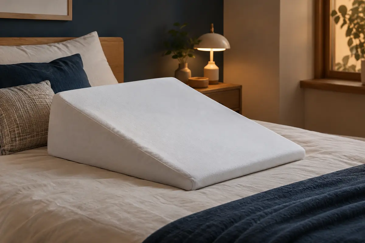 Coussin cale biseauté blanc à housse en polyester posé sur un lit dans une chambre apaisante.