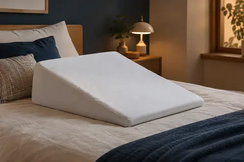 Coussin cale biseauté blanc à housse en polyester posé sur un lit dans une chambre apaisante.