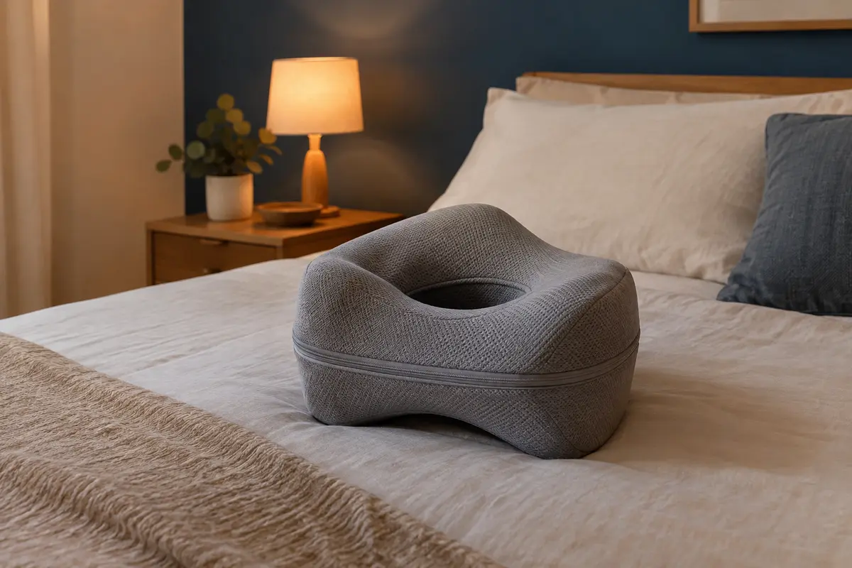 Coussin gris entre les genoux avec ouverture centrale, posé sur un lit dans une chambre aux tons doux.