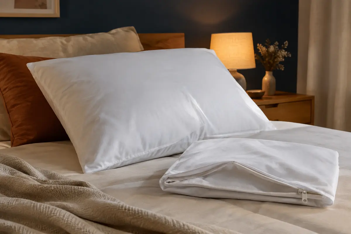 Deux protège-oreillers blancs à zip, dont un installé sur un oreiller dans une chambre tamisée.