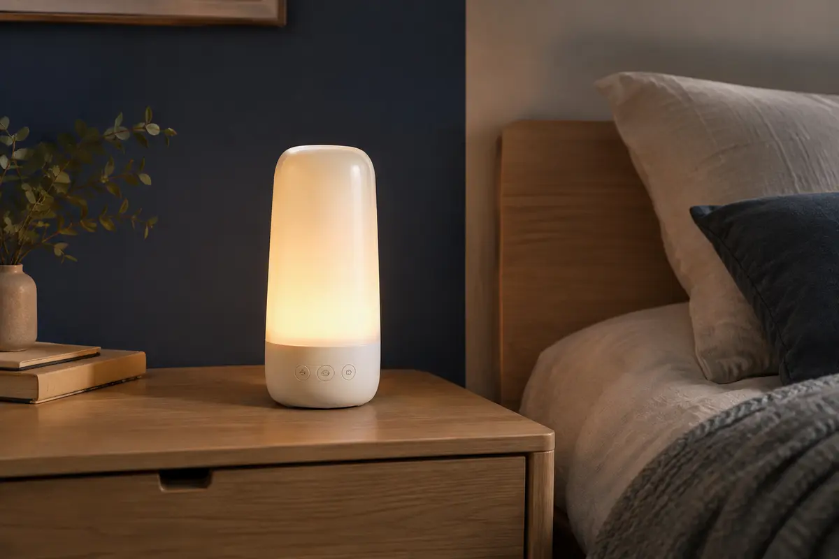 Réveil lumineux blanc posé sur une table de chevet dans une chambre aux tons bleu encre et argile.