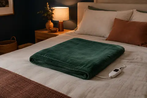 Couverture chauffante verte en polyester posée sur un lit, avec son contrôleur à proximité