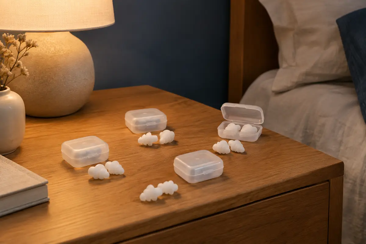Bouchons d’oreilles blancs en silicone avec étuis, disposés sur une table de chevet en bois