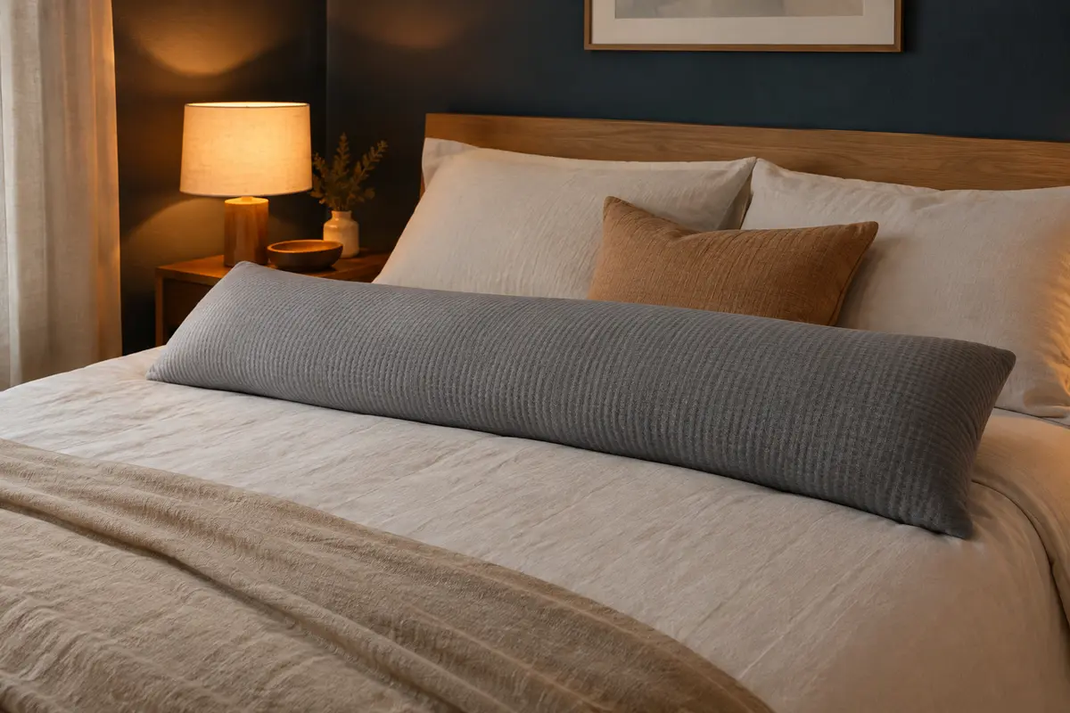 Oreiller de corps gris en coton gaufré posé sur un lit dans une chambre aux tons doux