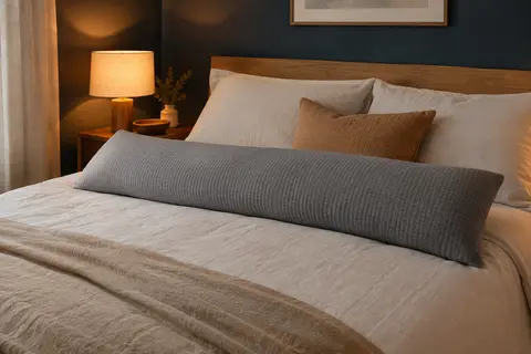 Oreiller de corps gris en coton gaufré posé sur un lit dans une chambre aux tons doux