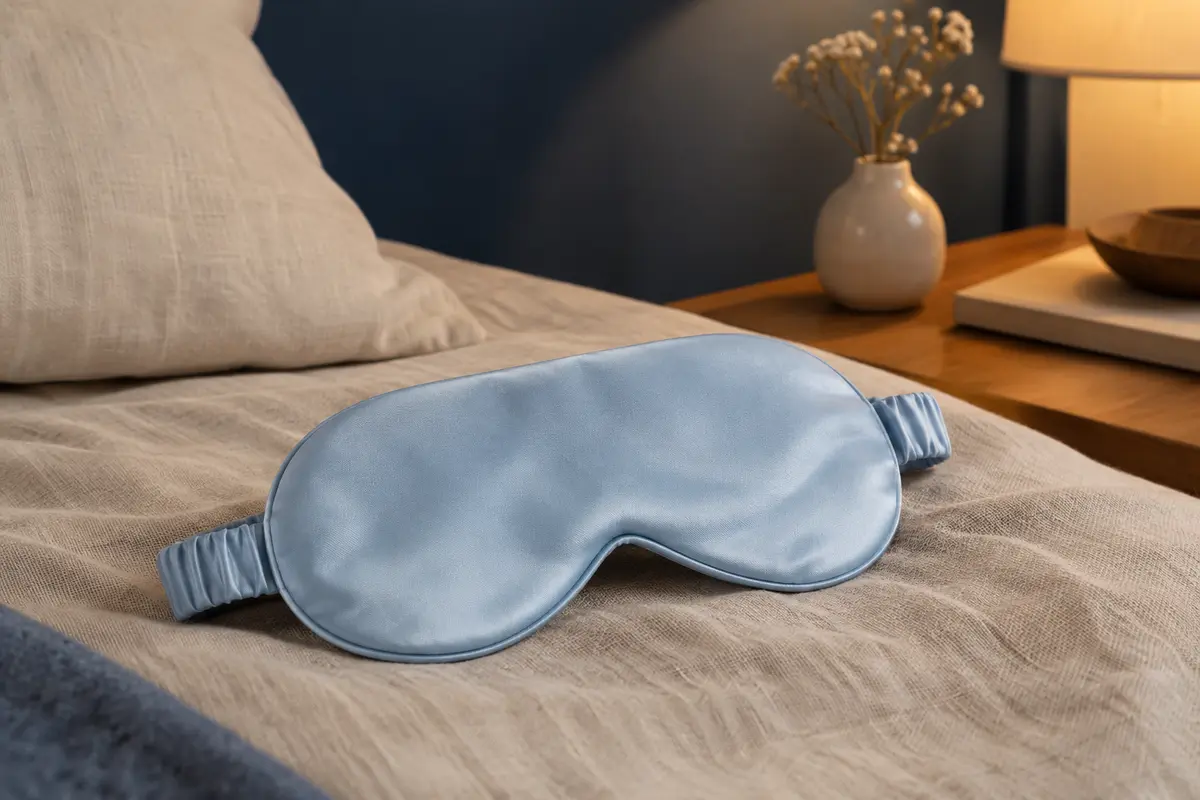 Masque de sommeil Trilancer en soie bleu clair posé sur du lin dans une chambre à la lumière douce.