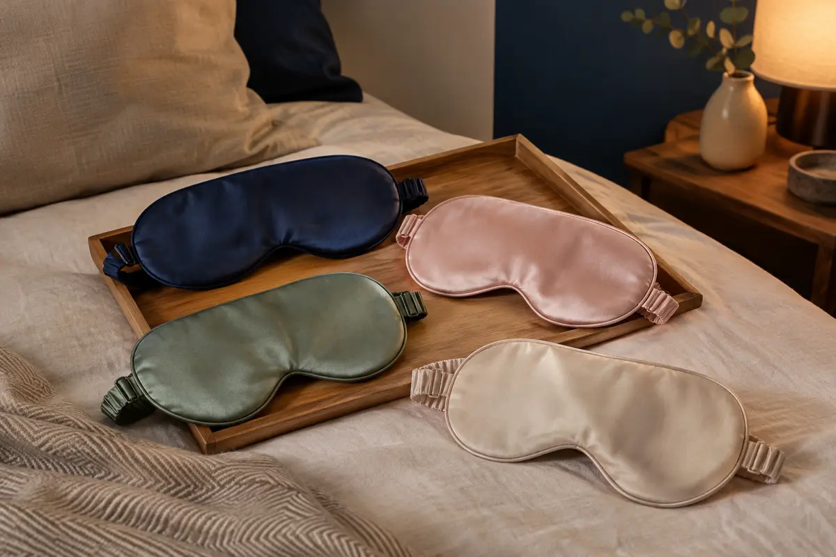 Quatre masques de sommeil en soie à sangle réglable, disposés sur du linge de lit dans une chambre calme