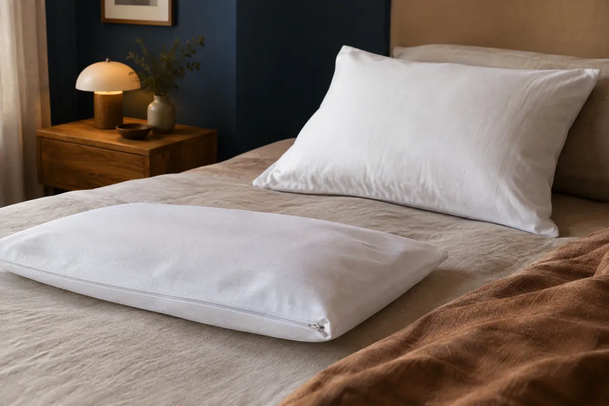 Deux protège-oreillers blancs à zip, posés sur des oreillers dans une chambre calme