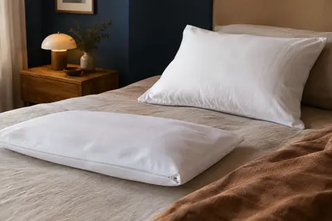 Deux protège-oreillers blancs à zip, posés sur des oreillers dans une chambre calme