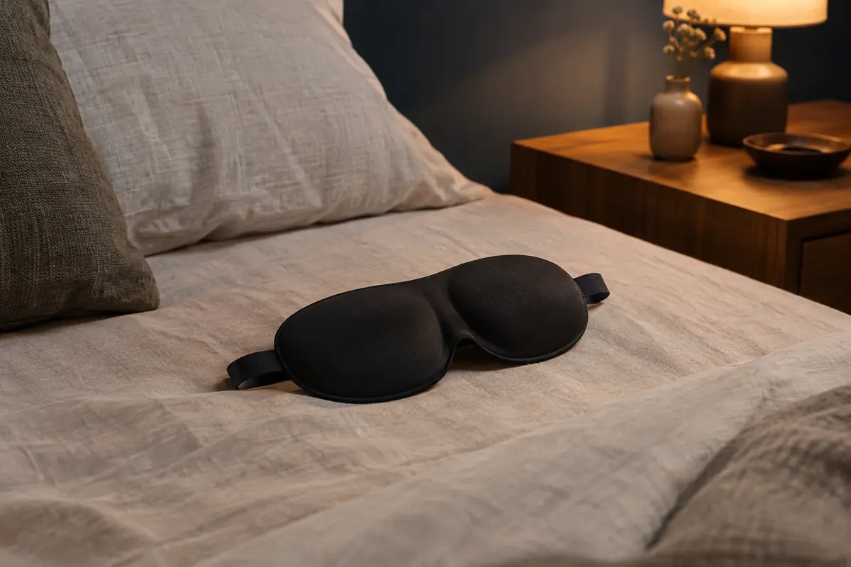 Masque de sommeil noir à contour 3D posé sur un lit en lin dans une chambre à lumière douce.