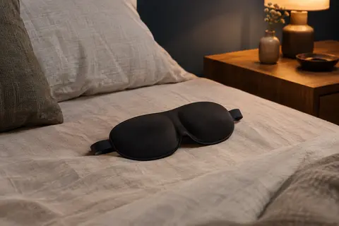Masque de sommeil noir à contour 3D posé sur un lit en lin dans une chambre à lumière douce.
