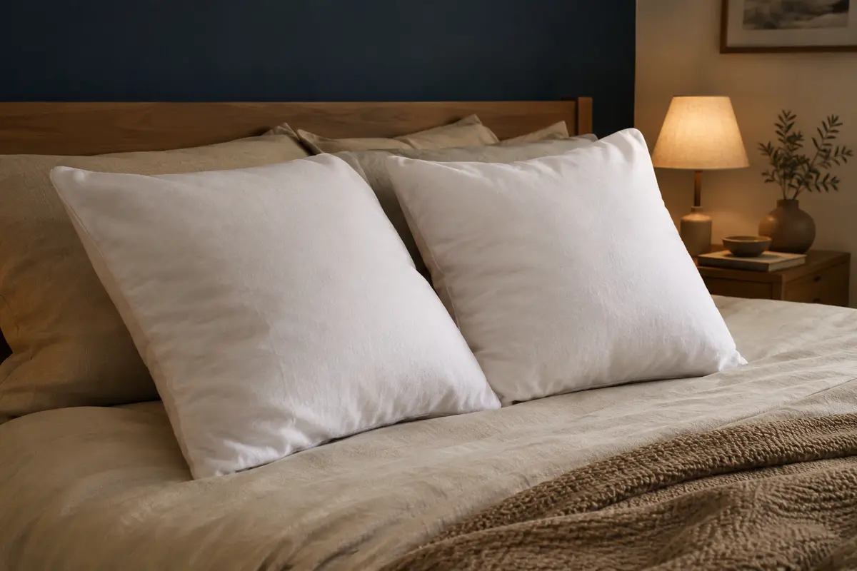 Deux oreillers carrés blancs en microfibre posés sur un lit dans une chambre à la lumière tamisée.