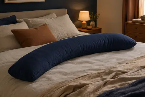 Oreiller de corps bleu marine posé sur un lit dans une chambre calme aux tons crème et bleu encre