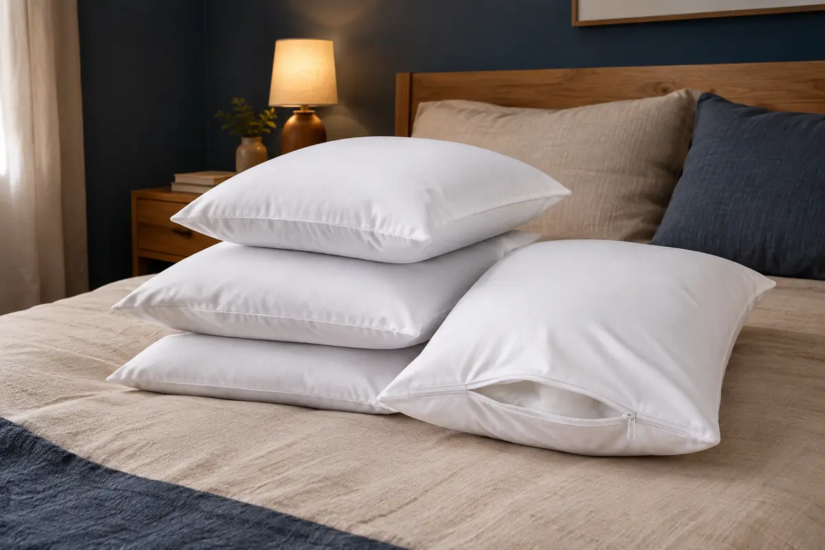 Quatre protège-oreillers blancs carrés avec fermeture zippée, présentés sur un lit dans une chambre calme.