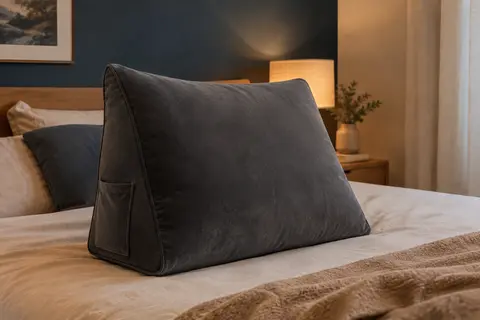 Coussin incliné triangulaire en velours gris foncé posé sur un lit dans une chambre aux tons doux.