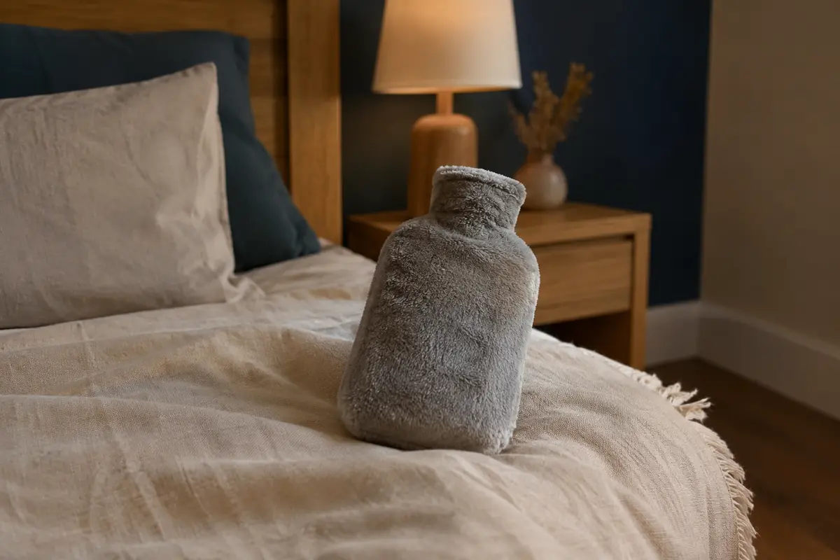 Mini bouillotte à eau avec housse en peluche grise posée sur un plaid dans une chambre calme.