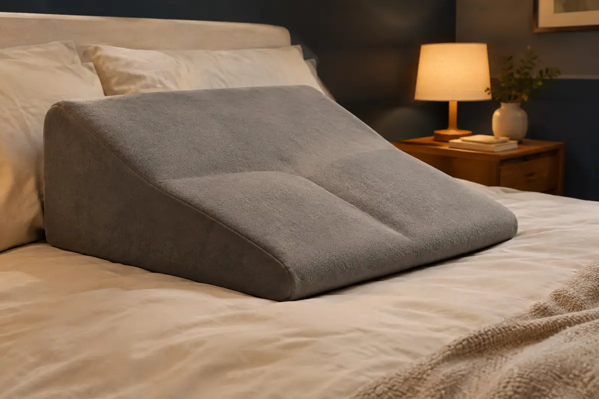 Coussin incliné gris à deux zones posé sur un lit dans une chambre aux tons doux.