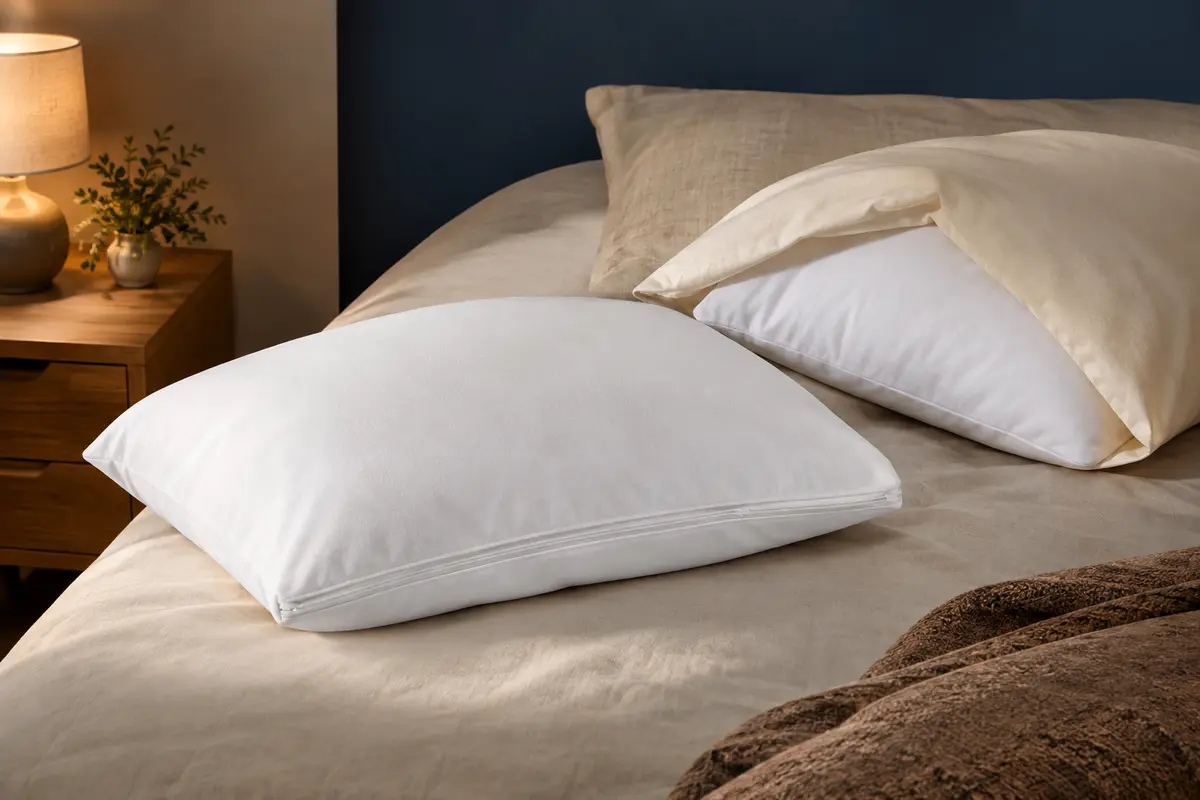 Deux protège-oreillers blancs, dont un avec sa fermeture zippée visible, dans une chambre calme aux tons doux.
