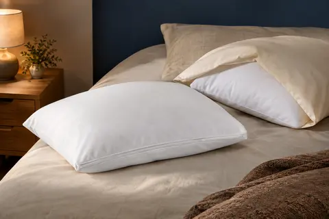 Deux protège-oreillers blancs, dont un avec sa fermeture zippée visible, dans une chambre calme aux tons doux.