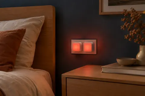 Deux veilleuses LED compactes diffusant une lumière rouge douce dans une chambre au décor apaisant