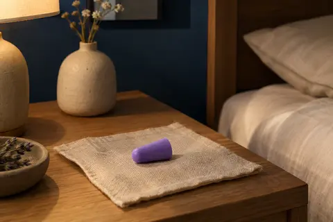 Bouchon d’oreille individuel en mousse violette posé sur du lin dans une chambre calme