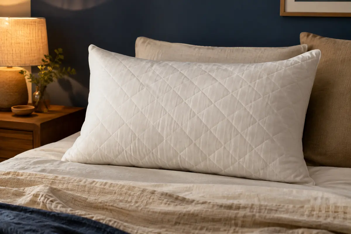 Oreiller blanc matelassé en format long posé sur un lit dans une chambre aux tons doux