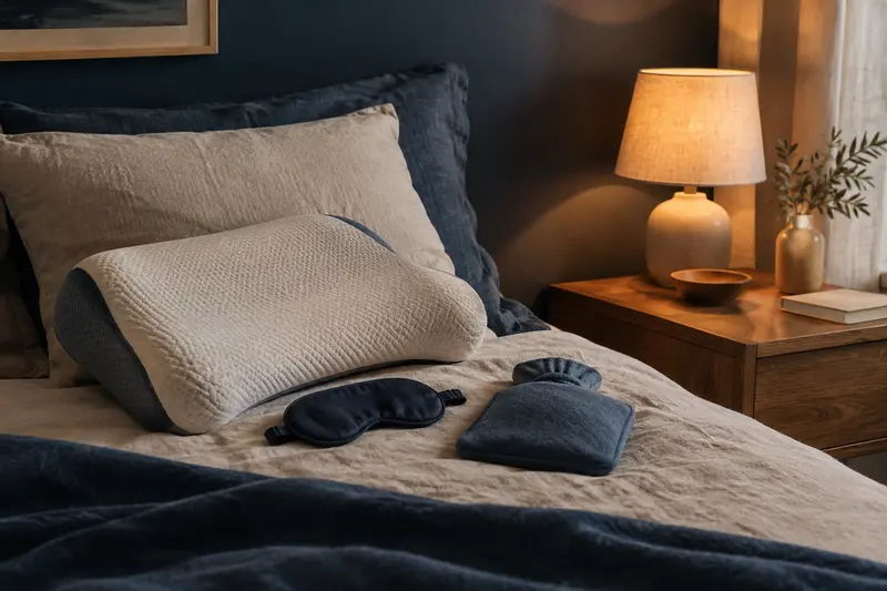 Oreiller, masque de sommeil et bouillotte réunis dans une chambre aux matières naturelles