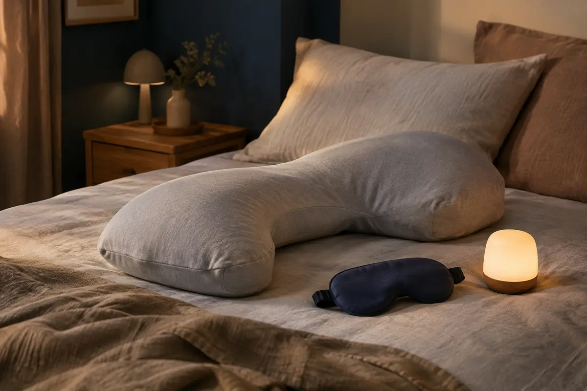 Accessoires de sommeil disposés dans une chambre calme aux tons crème, argile et bleu encre